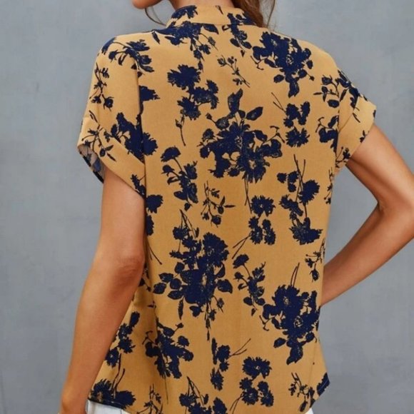 Boho Floral Pattern Notched Neck short sleeve Blouse top Carmel / Blue - Picture 7 of 7